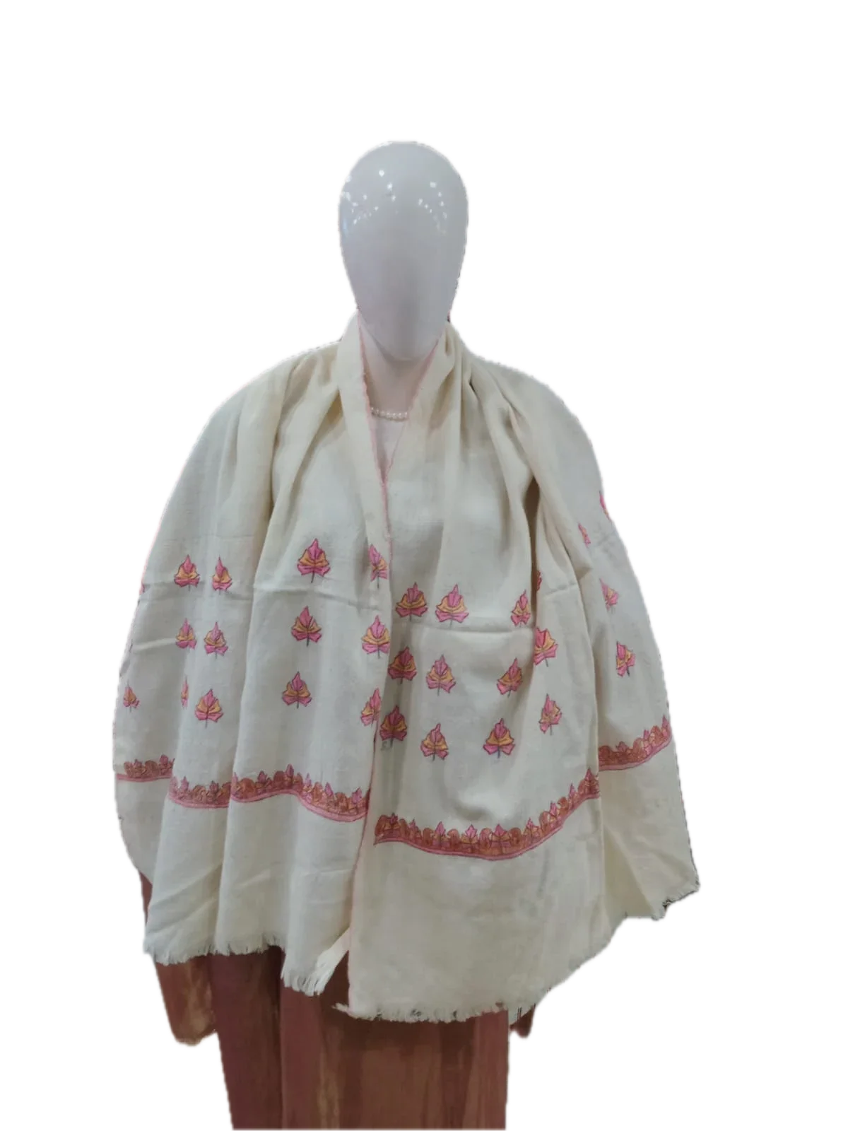 Natural White Basholi Pashmina Shawl with Embroidery